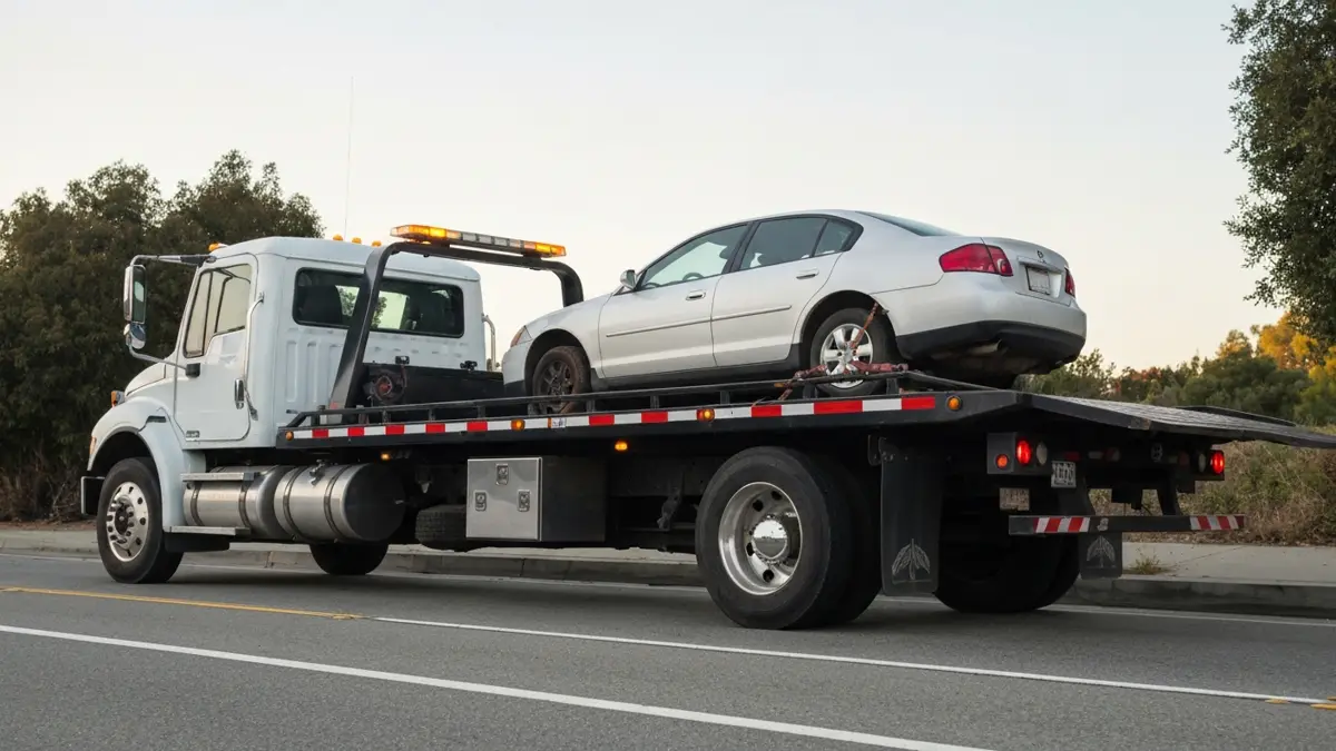 Car being loaded onto a flatbed tow truck